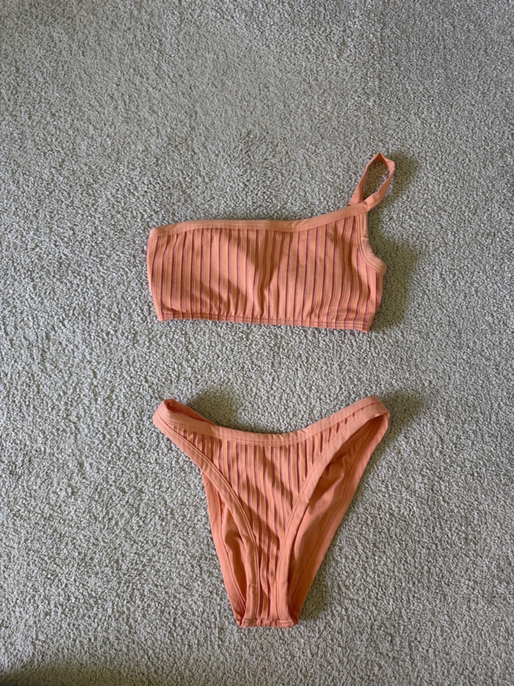 l*space Ribbed One-Shoulder Bikini Set in Coral